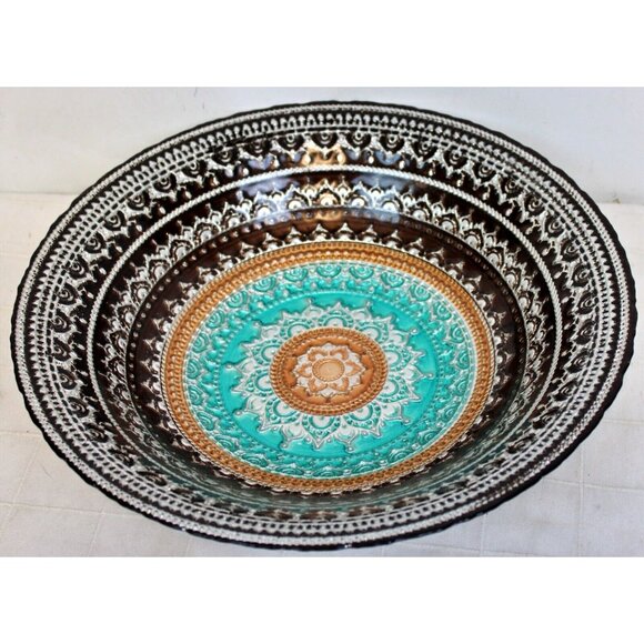 Artistic Accents Turkish Glass Serving Bowl Mandala Teal Terracotta Brown Silver - Picture 1 of 7
